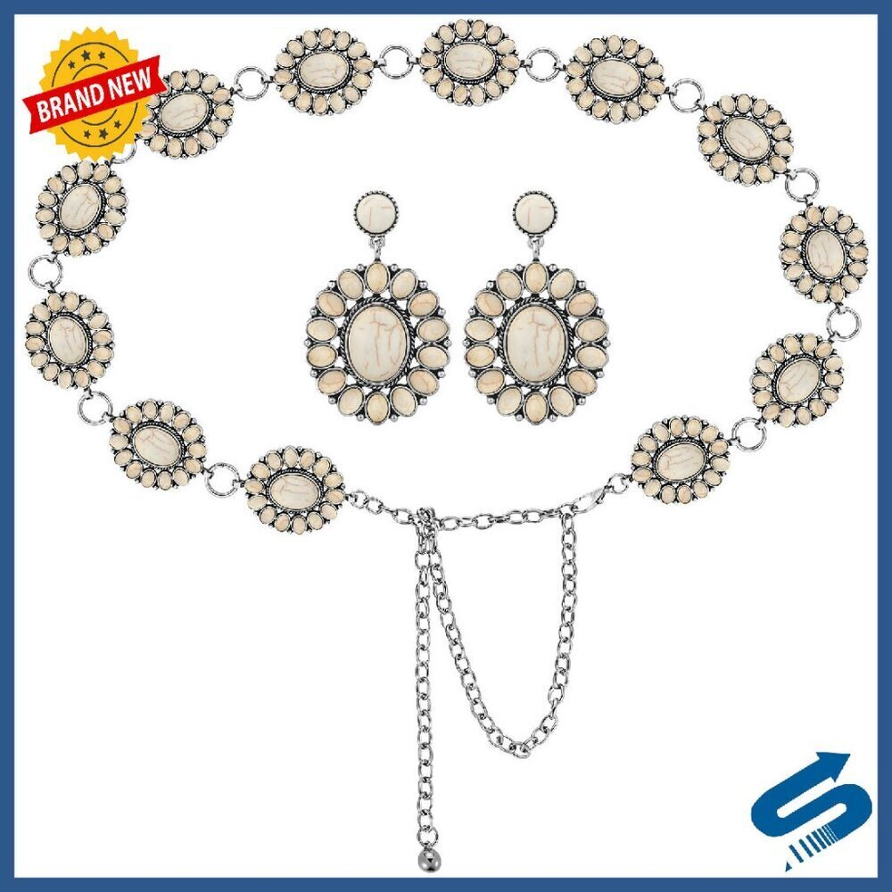 Adjustable Metal Concho Belt with Matching Drop Earrings, Western Style